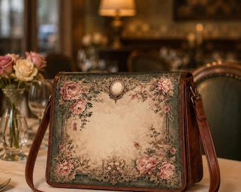 Vintage Floral Leather Messenger Bag, Handmade Brown Crossbody Satchel With Free Matching Journal, Rose Boho Shoulder Bags for him her