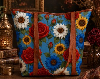 Floral Tote Bag, Blue Rose Sunflower Daisy Handbag, Large Shoulder Purse, Colorful Everyday Shopper, Gift for Her
