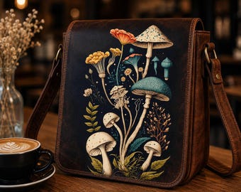 Bolso bandolera de piel con forma de seta, bolso cruzado con estampado botánico de hongos, bolso de hombro de piel marrón vintage, regalos para amantes de la naturaleza estilo cottagecore