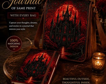 Gothic Castle Leather Messenger Bag with Free Journal, Red Moon Crossbody Satchel, Handmade Vintage Shoulder Bag gifts