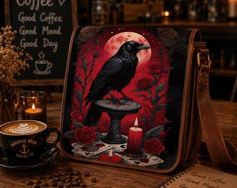 Gothic Raven Leather Messenger Bag, Red Moon Crossbody Satchel, Handmade Brown Shoulder Bag, Dark Academia Gifts for men and women
