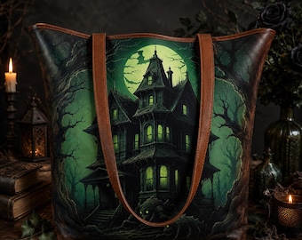 Haunted House Gothic Tote Bag, Spooky Halloween Purse, Witchy Moon Handbag, Dark Academia Gift, Horror Book Lover Bag, Goth Accessory