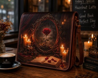 Gothic Rose Leather Messenger Bag with Free Journal, Dark Academia Crossbody Satchel, Handmade Vintage Shoulder Bag