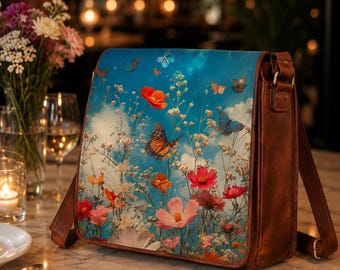 Floral Leather Messenger Bag, Handmade Crossbody Shoulder Bag, Butterfly Satchel With Free Matching Journal Gifts for men and women