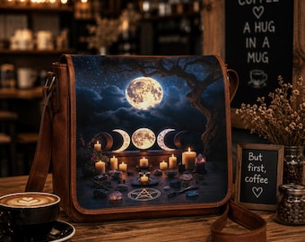 Moon Phase Leather Messenger Bag, Witchy Celestial Crossbody Satchel, Handmade Brown Shoulder Bag, Pagan Moon Gifts