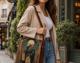 Egyptian God Thoth Leather Messenger Bag, Handmade Brown Crossbody Satchel, Vintage Laptop Shoulder Bag, Mythology Art Gifts for him her