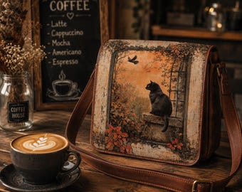 Black Cat Leather Messenger Bag with Free Journal, Vintage Autumn Crossbody Satchel, Handmade Shoulder Bag Gift for Her