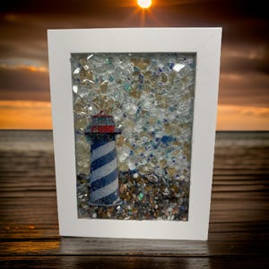 Lighthouse Coastal Decor - Beach Glass and Seashell Art in 5x7 White Frame. Lighthouse lover gift, Unique housewarming gift, Coastal art