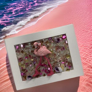 Tropical Flamingo Beach Glass Art – Rose Gold & Seashells in 5x7 Frame ocean glass art housewarming gift  glass art wall decor