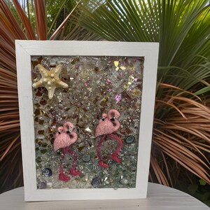 8x10 Framed Flamingos on the Beach Coastal Wall Art with Starfish and Unique Shells glass art wall decor, coastal art, coastal beach glass.