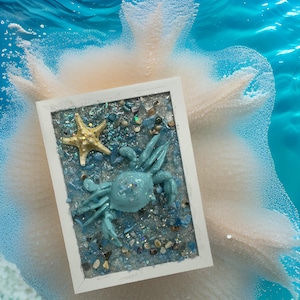 Handcrafted Blue Crab Beach Art - 5x7 Frame with Seashell and Starfish Accents