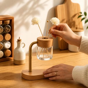 May include: A glass diffuser vessel with a wooden top, suspended by a gold-toned metal arm attached to a wooden base. The vessel contains thin wooden reeds topped with white floral-shaped diffusers, creating a functional home fragrance display.