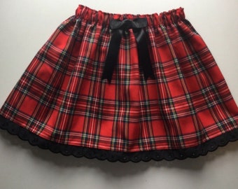 Handmade Tartan skirt with cotton Broderie Anglaise lace trim ideal for Christmas Day or parties