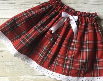 Handmade Tartan skirt with cotton Broderie Anglaise lace trim ideal for Christmas Day or parties