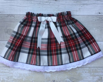 Handmade Tartan skirt with cotton Broderie Anglaise lace trim ideal for Christmas Day or parties