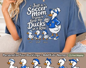 Personalized Soccer Mom Shirt, Custom Kids Names Duck Mom Tee, Ducks In A Row Comfort Colors, Soccer Moms Club, Game Day Sports Mama Gift