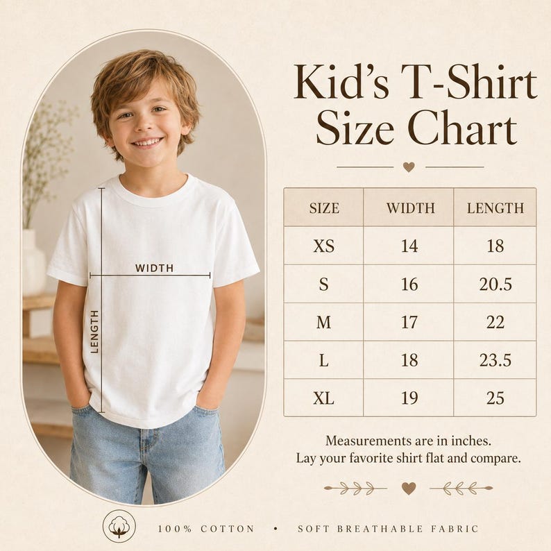 K&ouml;nnte beinhalten: Eine Gr&ouml;&szlig;entabelle f&uuml;r Kinder-T-Shirts mit einem wei&szlig;en T-Shirt, das Breiten- und L&auml;ngenmesslinien zeigt. Die Tabelle listet die Gr&ouml;&szlig;en XS bis XL mit den entsprechenden Ma&szlig;en in Zoll auf. Text: 100% Baumwolle und weicher, atmungsaktiver Stoff.