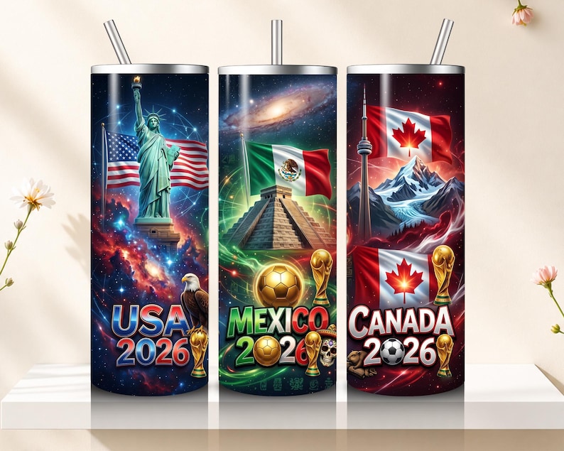 May include: Three stainless steel insulated tumblers with straws. Each tumbler features a unique design: the Statue of Liberty with the American flag, a Mexican pyramid with the Mexican flag, and the Canadian flag with the CN Tower. The text "USA 2026", "MEXICO 2026", and "CANADA 2026" are displayed.