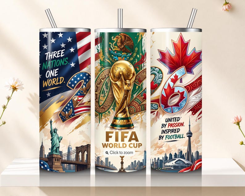May include: Three stainless steel tumblers with straws, each featuring a different design. One has the American flag and the text "THREE NATIONS ONE WORLD." Another has the FIFA World Cup trophy. The third has a Canadian maple leaf.