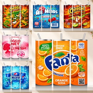 May include: A collection of insulated tumblers with various designs. The tumblers feature graphics of Cheetos, Air Heads candy, Fanta orange soda, Pepsi, and Aquanet hairspray. Each tumbler has a silver straw.