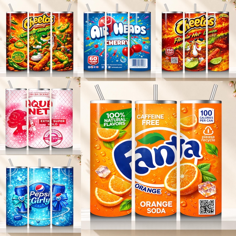 May include: A collection of insulated tumblers with various designs. The tumblers feature graphics of Cheetos, Air Heads candy, Fanta orange soda, Pepsi, and Aquanet hairspray. Each tumbler has a silver straw.