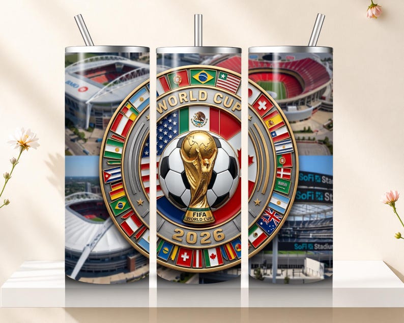 May include: A stainless steel tumbler featuring a FIFA World Cup 2026 design. The design includes a soccer ball, the World Cup trophy, and flags of participating nations. Stadium images are also visible.