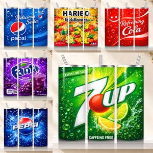 May include: A collection of insulated tumblers featuring popular beverage brands. Designs include Pepsi, Haribo Goldbears, Fanta Grape, 7 Up, and a red cola design. Each tumbler has a straw and a vibrant, colorful design.