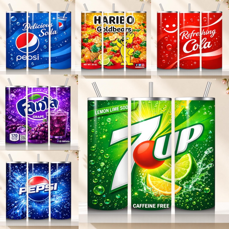 May include: A collection of insulated tumblers featuring popular beverage brands. Designs include Pepsi, Haribo Goldbears, Fanta Grape, 7 Up, and a red cola design. Each tumbler has a straw and a vibrant, colorful design.