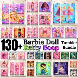 May include: A collection of colorful tumblers featuring Barbie and Betty Boop designs. The tumblers showcase various Barbie illustrations, including the Barbie logo, and other graphics. The text "130+ Barbie Doll Betty Boop Tumbler Bundle" is also visible.