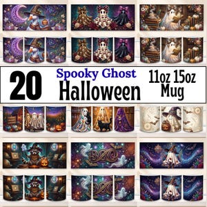 May include: A collection of twenty ceramic mugs featuring various Halloween-themed illustrations including ghosts, pumpkins, raccoons, and bats. The text Spooky Ghost Halloween 11oz 15oz Mug is displayed prominently in the center of the image grid.