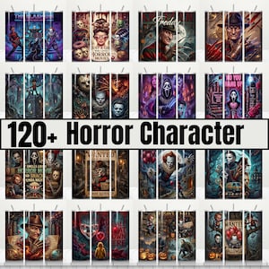 Op de afbeelding: Een verzameling van 120+ bekers met horror-thema. Elke beker heeft een ander ontwerp, met iconische figuren als Freddy Krueger, Pennywise en Michael Myers. De bekers zijn versierd met levendige, gedetailleerde kunstwerken, perfect voor horrorfilm fans.