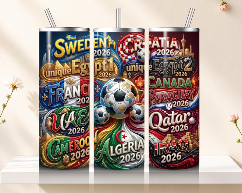 May include: Three stainless steel insulated tumblers with straws. Each tumbler features a colorful design with country flags, soccer balls, and the text "2026". The tumblers are decorated with the flags of Sweden, France, UAE, Cameroon, Croatia, Canada, Paraguay, Qatar, Algeria, and Iraq.