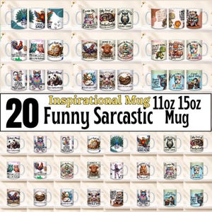 Puede incluir: Una colección de veinte tazas de cerámica blanca con diversas ilustraciones coloridas de animales y textos humorísticos. Cada taza muestra diseños únicos que incluyen búhos, pandas, perezosos y animales de granja con frases ingeniosas.