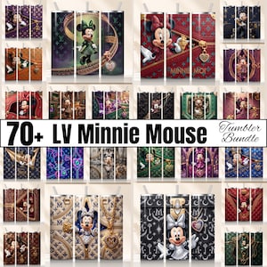 Könnte beinhalten: Eine Sammlung von Becherdesigns mit Minnie Mouse in verschiedenen Outfits und Umgebungen. Die Becher zeigen eine Reihe von Farben, darunter Lila, Grün und Rot, mit dekorativen Elementen und dem Text "70+ LV Minnie Mouse Tumbler Bundle".