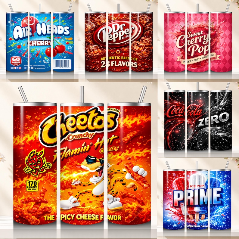 May include: A collection of insulated tumblers with various designs. The tumblers feature graphics for Air Heads Cherry, Dr. Pepper, Sweet Cherry Pop, Cheetos Flamin' Hot, Coca-Cola Zero, and Prime Ice Pop. Each tumbler has a silver straw.