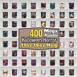 Op de afbeelding: Een digitale collectie van 400 mokontwerpen met Halloween- en horrorthema's, voorzien van diverse illustraties van geesten, pompoenen, schedels en filmpersonages. De centrale tekst luidt 400 Mega Bundle Halloween Horror.