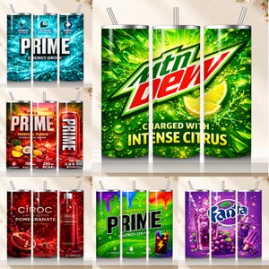 May include: A collection of insulated tumblers featuring various beverage brands. Designs include "PRIME Energy Drink" in blue and green, "MTN DEW" with a lime, "C&icirc;roc" pomegranate, "PRIME" in green, and "Fanta" grape. Each tumbler has a straw.