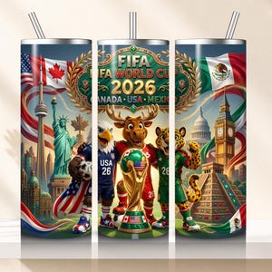 May include: A stainless steel tumbler with a colorful design for the FIFA World Cup 2026. The design features the flags of the USA, Canada, and Mexico, along with cartoon mascots and iconic landmarks.