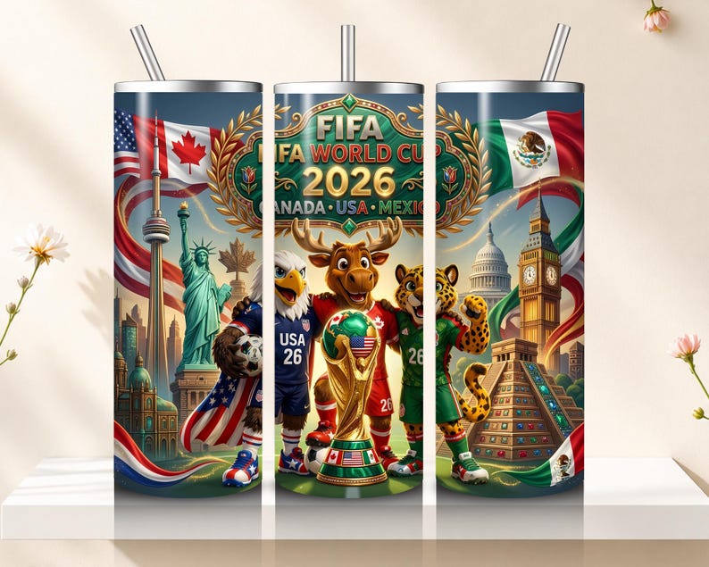 May include: A stainless steel tumbler with a colorful design for the FIFA World Cup 2026. The design features the flags of the USA, Canada, and Mexico, along with cartoon mascots and iconic landmarks.