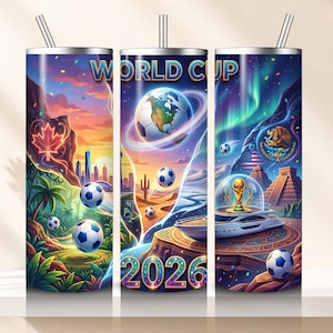 May include: Three stainless steel tumblers with colorful illustrations for the World Cup 2026. Each tumbler features a different landscape with soccer balls, the text "WORLD CUP 2026", and a silver straw.
