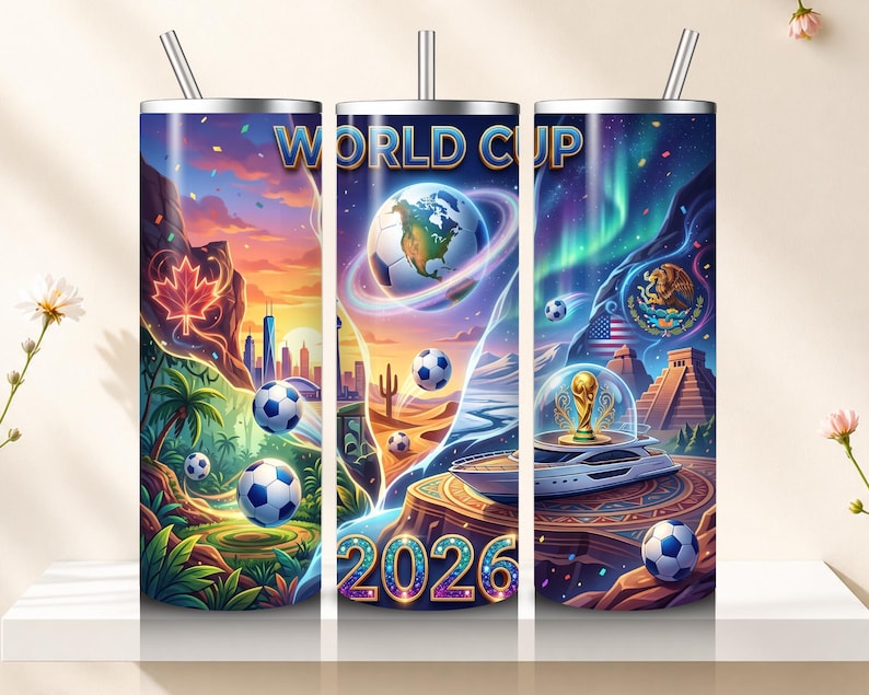 May include: Three stainless steel tumblers with colorful illustrations for the World Cup 2026. Each tumbler features a different landscape with soccer balls, the text "WORLD CUP 2026", and a silver straw.