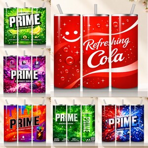 May include: Collection of insulated tumblers with various designs. Includes tumblers with "PRIME" branding, featuring flavors like Lemon Lime and Energy Drink. Also, red tumblers with "Refreshing Cola" text and a smiley face.