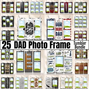 Op de afbeelding: Een digitale collectie van 25 cilindervormige bekers met diverse ontwerpen, waaronder fotolijsten, teksten zoals 'BEST DAD EVER', 'OUR BRAVE DAD' en 'DAD', evenals patronen zoals sterren, strepen, houtnerf en abstracte spetters.