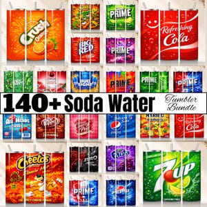 May include: A collection of soda-themed tumblers, featuring popular brands like Crush, Coca-Cola, and 7-Up. The tumblers showcase vibrant designs and logos, with a variety of flavors and brands. The image includes the text "140+ Soda Water Tumbler Bundle."