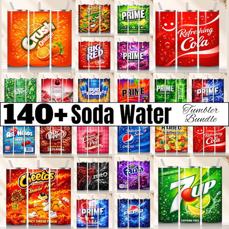 May include: A collection of soda-themed tumblers, featuring popular brands like Crush, Coca-Cola, and 7-Up. The tumblers showcase vibrant designs and logos, with a variety of flavors and brands. The image includes the text "140+ Soda Water Tumbler Bundle."