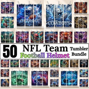 Peut inclure: Ensemble de 50 gobelets d'équipe NFL avec des motifs de casques de football. Chaque gobelet présente le logo et les couleurs de l'équipe, avec les noms des équipes affichés. Les gobelets sont conçus pour les boissons.