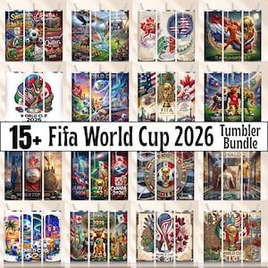 May include: A collection of stainless steel tumblers featuring designs related to the FIFA World Cup 2026. The tumblers showcase various national flags, soccer balls, and the World Cup trophy. The text "15+ Fifa World Cup 2026 Tumbler Bundle" is displayed.