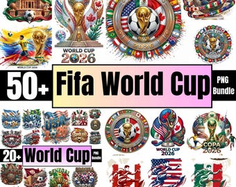 Puede incluir: Un conjunto de gráficos digitales con diseños temáticos de fútbol. Las imágenes incluyen el trofeo de la Copa Mundial de la FIFA, balones de fútbol y banderas de varios países. El texto incluye "50+ FIFA World Cup" y "20+ World Cup".