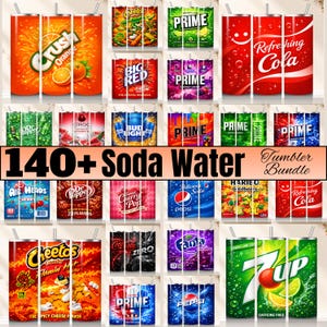 May include: A collection of insulated tumblers featuring various soda and beverage brands. Designs include Crush Orange, Big Red, Prime, and Pepsi. The tumblers are adorned with vibrant graphics and text, showcasing a variety of flavors and brands. The text "140+ Soda Water Tumbler Bundle" is also visible.
