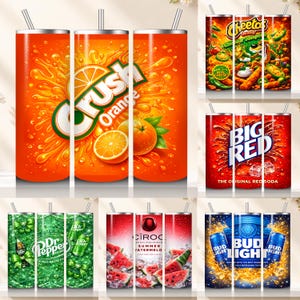 May include: A collection of insulated tumblers featuring vibrant designs. The tumblers showcase popular brands like Crush Orange, Cheetos, Big Red, Dr. Pepper, Ciroc Summer Watermelon, and Bud Light. Each tumbler has a straw and a silver rim.